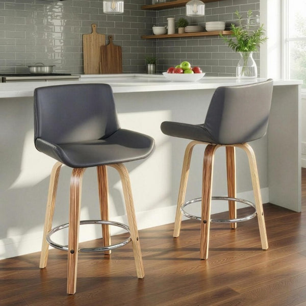 English Elm 26 Inch Mid-Century Swivel Counterstools with Faux Leather Seats and Chrome Footrest Set of 2 Gray Zebra Wood B202S02216