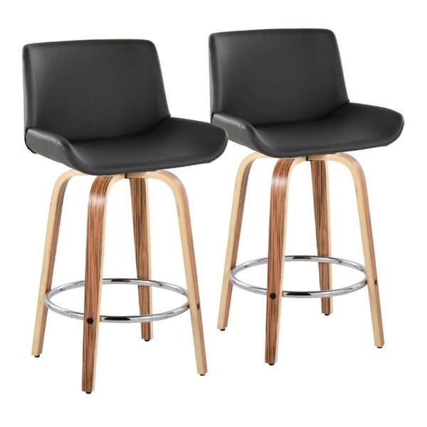 English Elm 26 Inch Mid-Century Swivel Counterstools with Faux Leather Seats and Chrome Footrest Set of 2 Gray Zebra Wood B202S02216