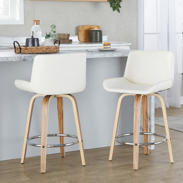 English Elm 26 Inch Mid-Century Swivel Counterstools with Faux Leather Seats and Chrome Footrest Set of 2 White Zebra Wood B202S02217