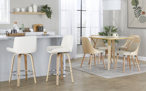 English Elm 26 Inch Mid-Century Swivel Counterstools with Faux Leather Seats and Chrome Footrest Set of 2 White Zebra Wood B202S02217