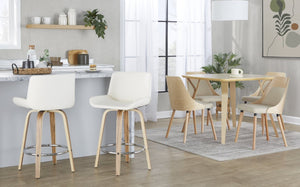 English Elm 26 Inch Mid-Century Swivel Counterstools with Faux Leather Seats and Chrome Footrest Set of 2 White Zebra Wood B202S02217