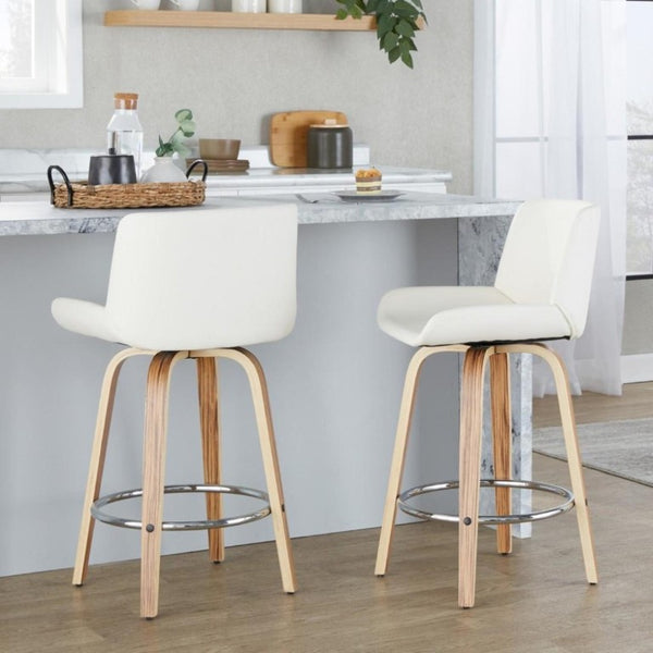 English Elm 26 Inch Mid-Century Swivel Counterstools with Faux Leather Seats and Chrome Footrest Set of 2 White Zebra Wood B202S02217