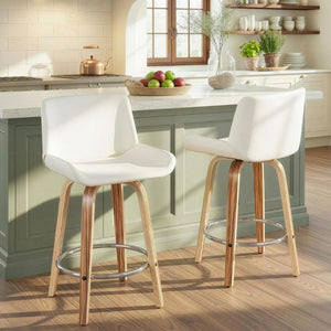 English Elm 26 Inch Mid-Century Swivel Counterstools with Faux Leather Seats and Chrome Footrest Set of 2 White Zebra Wood B202S02217