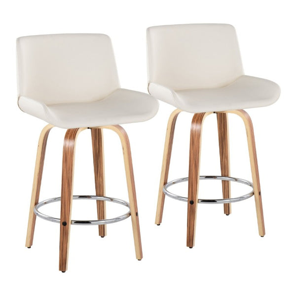 English Elm 26 Inch Mid-Century Swivel Counterstools with Faux Leather Seats and Chrome Footrest Set of 2 White Zebra Wood B202S02217
