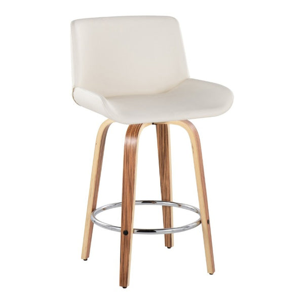 English Elm 26 Inch Mid-Century Swivel Counterstools with Faux Leather Seats and Chrome Footrest Set of 2 White Zebra Wood B202S02217