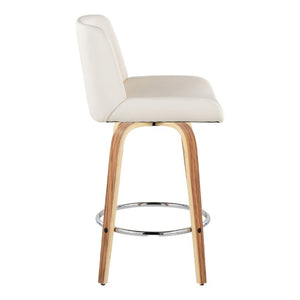 English Elm 26 Inch Mid-Century Swivel Counterstools with Faux Leather Seats and Chrome Footrest Set of 2 White Zebra Wood B202S02217