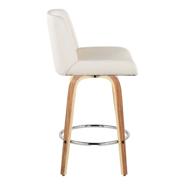 English Elm 26 Inch Mid-Century Swivel Counterstools with Faux Leather Seats and Chrome Footrest Set of 2 White Zebra Wood B202S02217