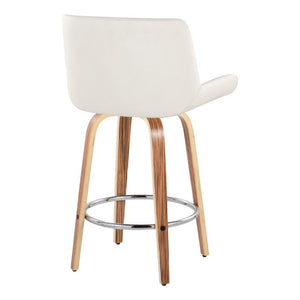 English Elm 26 Inch Mid-Century Swivel Counterstools with Faux Leather Seats and Chrome Footrest Set of 2 White Zebra Wood B202S02217