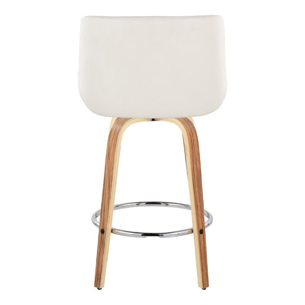 English Elm 26 Inch Mid-Century Swivel Counterstools with Faux Leather Seats and Chrome Footrest Set of 2 White Zebra Wood B202S02217