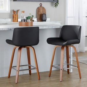 English Elm 26 Inch Mid-Century Swivel Counterstools with Faux Leather Seats and Chrome Footrest Set of 2 Black Walnut Wood B202S02218