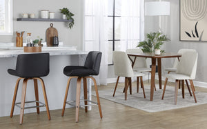 English Elm 26 Inch Mid-Century Swivel Counterstools with Faux Leather Seats and Chrome Footrest Set of 2 Black Walnut Wood B202S02218
