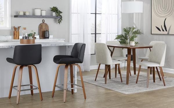 English Elm 26 Inch Mid-Century Swivel Counterstools with Faux Leather Seats and Chrome Footrest Set of 2 Black Walnut Wood B202S02218