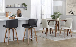 English Elm 26 Inch Mid-Century Swivel Counterstools with Faux Leather Seats and Chrome Footrest Set of 2 Black Walnut Wood B202S02218