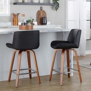 English Elm 26 Inch Mid-Century Swivel Counterstools with Faux Leather Seats and Chrome Footrest Set of 2 Black Walnut Wood B202S02218