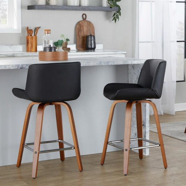 English Elm 26 Inch Mid-Century Swivel Counterstools with Faux Leather Seats and Chrome Footrest Set of 2 Black Walnut Wood B202S02218
