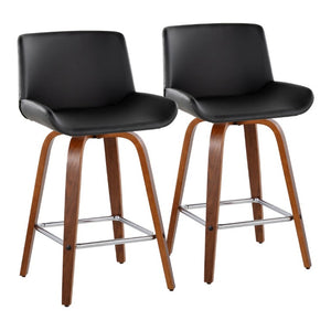 English Elm 26 Inch Mid-Century Swivel Counterstools with Faux Leather Seats and Chrome Footrest Set of 2 Black Walnut Wood B202S02218