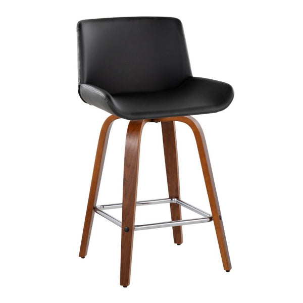 English Elm 26 Inch Mid-Century Swivel Counterstools with Faux Leather Seats and Chrome Footrest Set of 2 Black Walnut Wood B202S02218