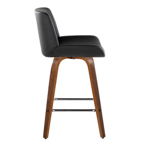 English Elm 26 Inch Mid-Century Swivel Counterstools with Faux Leather Seats and Chrome Footrest Set of 2 Black Walnut Wood B202S02218