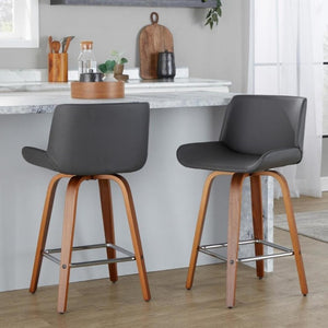 English Elm 26 Inch Mid-Century Swivel Counterstools with Faux Leather Seats and Chrome Footrest Set of 2 Gray Walnut Wood B202S02219