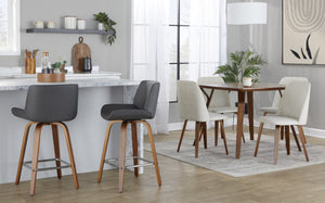 English Elm 26 Inch Mid-Century Swivel Counterstools with Faux Leather Seats and Chrome Footrest Set of 2 Gray Walnut Wood B202S02219