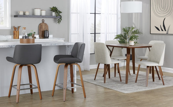 English Elm 26 Inch Mid-Century Swivel Counterstools with Faux Leather Seats and Chrome Footrest Set of 2 Gray Walnut Wood B202S02219