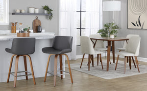 English Elm 26 Inch Mid-Century Swivel Counterstools with Faux Leather Seats and Chrome Footrest Set of 2 Gray Walnut Wood B202S02219