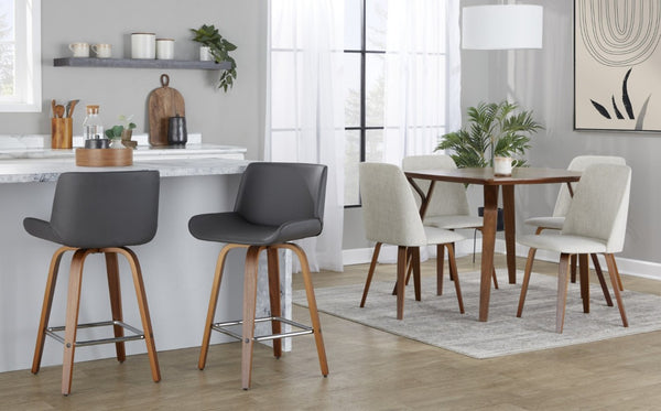 English Elm 26 Inch Mid-Century Swivel Counterstools with Faux Leather Seats and Chrome Footrest Set of 2 Gray Walnut Wood B202S02219