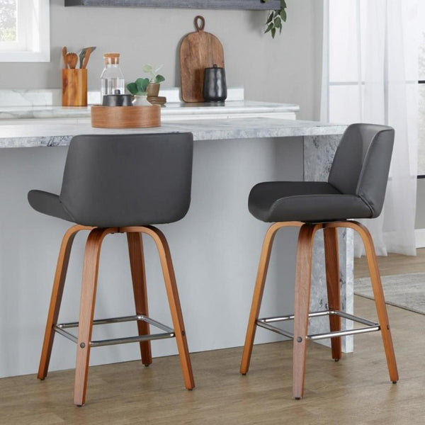 English Elm 26 Inch Mid-Century Swivel Counterstools with Faux Leather Seats and Chrome Footrest Set of 2 Gray Walnut Wood B202S02219