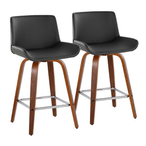 English Elm 26 Inch Mid-Century Swivel Counterstools with Faux Leather Seats and Chrome Footrest Set of 2 Gray Walnut Wood B202S02219