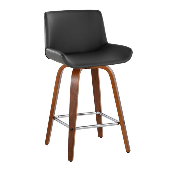 English Elm 26 Inch Mid-Century Swivel Counterstools with Faux Leather Seats and Chrome Footrest Set of 2 Gray Walnut Wood B202S02219