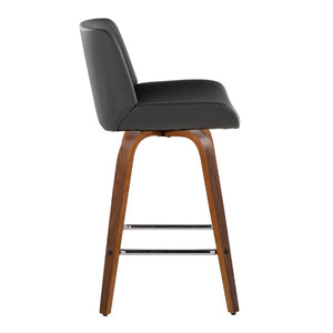 English Elm 26 Inch Mid-Century Swivel Counterstools with Faux Leather Seats and Chrome Footrest Set of 2 Gray Walnut Wood B202S02219