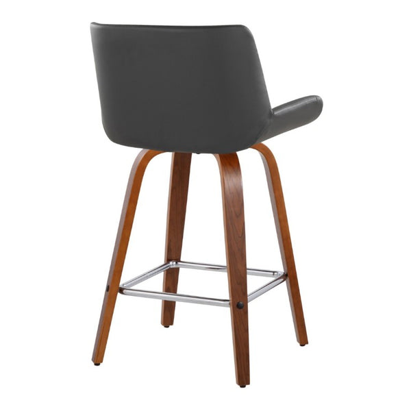 English Elm 26 Inch Mid-Century Swivel Counterstools with Faux Leather Seats and Chrome Footrest Set of 2 Gray Walnut Wood B202S02219