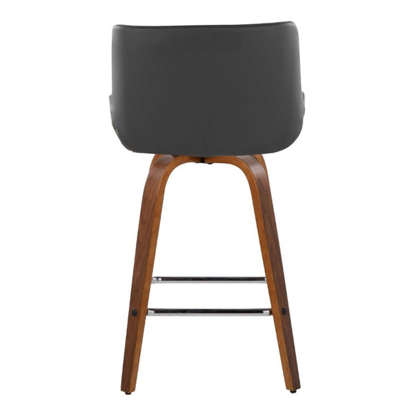 English Elm 26 Inch Mid-Century Swivel Counterstools with Faux Leather Seats and Chrome Footrest Set of 2 Gray Walnut Wood B202S02219