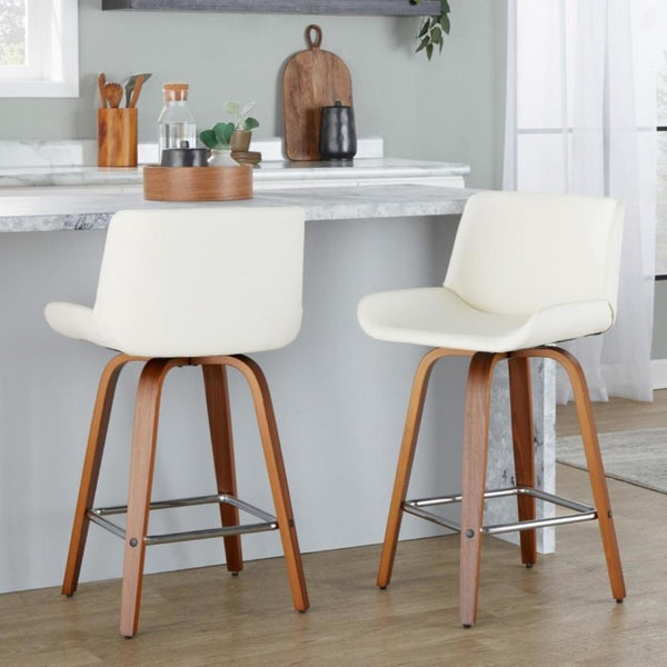English Elm 26 Inch Mid-Century Swivel Counterstools with Faux Leather Seats and Chrome Footrest Set of 2 White Walnut Wood B202S02220