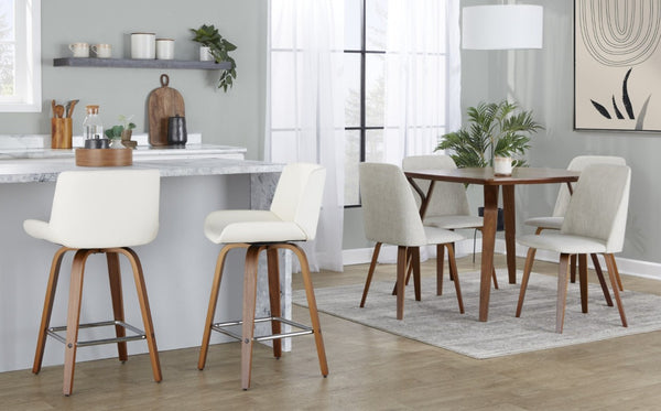 English Elm 26 Inch Mid-Century Swivel Counterstools with Faux Leather Seats and Chrome Footrest Set of 2 White Walnut Wood B202S02220