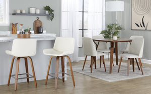 English Elm 26 Inch Mid-Century Swivel Counterstools with Faux Leather Seats and Chrome Footrest Set of 2 White Walnut Wood B202S02220