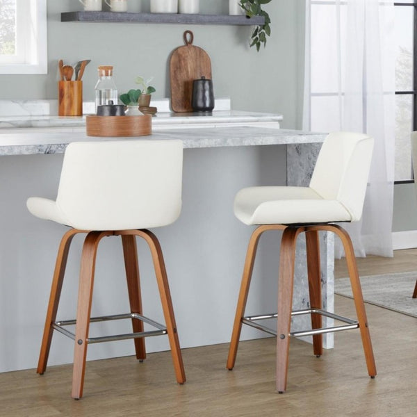 English Elm 26 Inch Mid-Century Swivel Counterstools with Faux Leather Seats and Chrome Footrest Set of 2 White Walnut Wood B202S02220