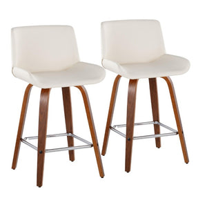 English Elm 26 Inch Mid-Century Swivel Counterstools with Faux Leather Seats and Chrome Footrest Set of 2 White Walnut Wood B202S02220
