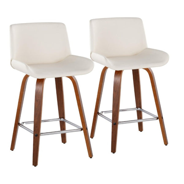 English Elm 26 Inch Mid-Century Swivel Counterstools with Faux Leather Seats and Chrome Footrest Set of 2 White Walnut Wood B202S02220
