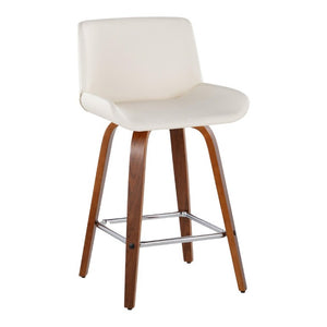 English Elm 26 Inch Mid-Century Swivel Counterstools with Faux Leather Seats and Chrome Footrest Set of 2 White Walnut Wood B202S02220