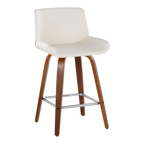English Elm 26 Inch Mid-Century Swivel Counterstools with Faux Leather Seats and Chrome Footrest Set of 2 White Walnut Wood B202S02220