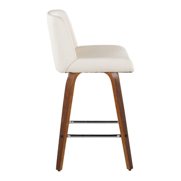 English Elm 26 Inch Mid-Century Swivel Counterstools with Faux Leather Seats and Chrome Footrest Set of 2 White Walnut Wood B202S02220
