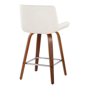 English Elm 26 Inch Mid-Century Swivel Counterstools with Faux Leather Seats and Chrome Footrest Set of 2 White Walnut Wood B202S02220
