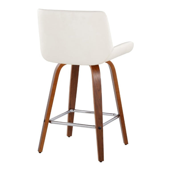 English Elm 26 Inch Mid-Century Swivel Counterstools with Faux Leather Seats and Chrome Footrest Set of 2 White Walnut Wood B202S02220