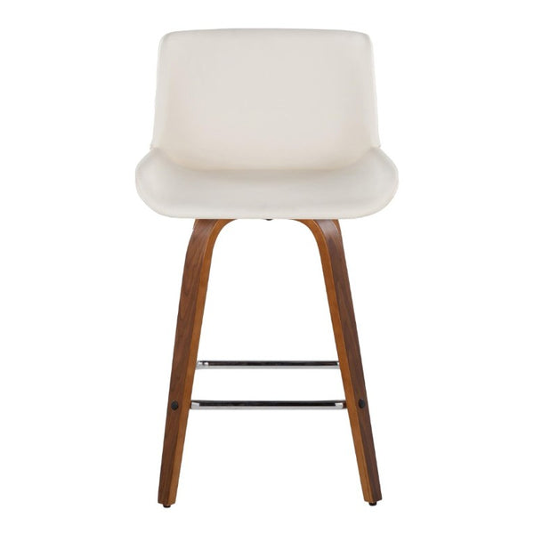 English Elm 26 Inch Mid-Century Swivel Counterstools with Faux Leather Seats and Chrome Footrest Set of 2 White Walnut Wood B202S02220