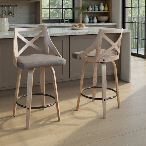 English Elm Fixed-Height Swivel Counter Stools Faux Leather Cushion Bent Wood Legs Set of Two B202S02221