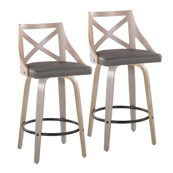 English Elm Fixed-Height Swivel Counter Stools Faux Leather Cushion Bent Wood Legs Set of Two B202S02221