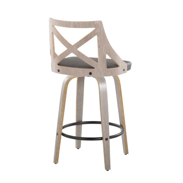 English Elm Fixed-Height Swivel Counter Stools Faux Leather Cushion Bent Wood Legs Set of Two B202S02221
