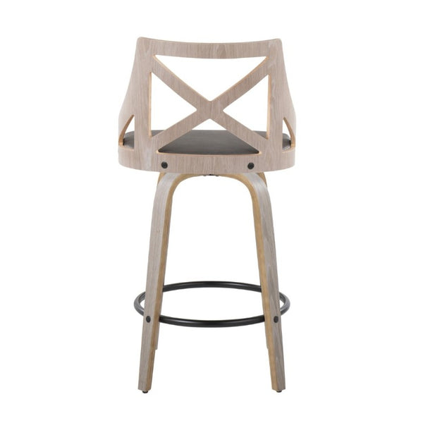 English Elm Fixed-Height Swivel Counter Stools Faux Leather Cushion Bent Wood Legs Set of Two B202S02221