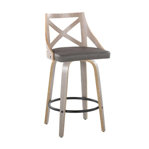English Elm Fixed-Height Swivel Counter Stools Faux Leather Cushion Bent Wood Legs Set of Two B202S02221